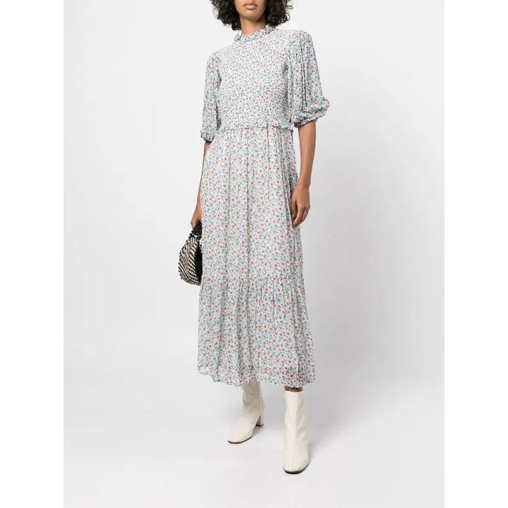 SEA NY Bubbie Bubble-Sleeve Floral Smocked Maxi Dress‎ High Neck Tiered size 4